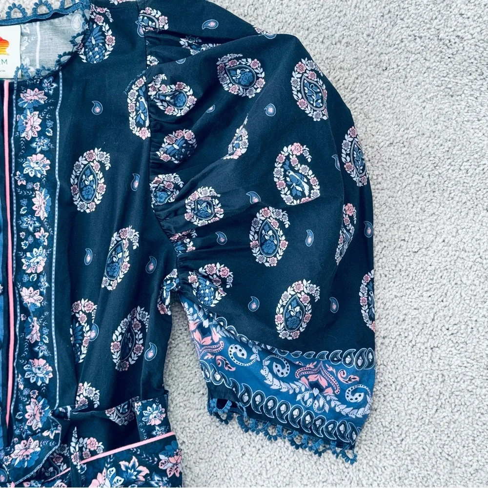 FARM Rio Printed Cotton Poplin Puff Sleeve Jumpsuit Navy Size Medium - Picture 4 of 9